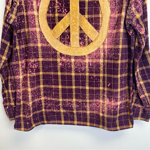 Peace Sign Boho Hippie Purple Yellow Festival Flannel Casual Womens M Upcycled - Picture 5 of 13